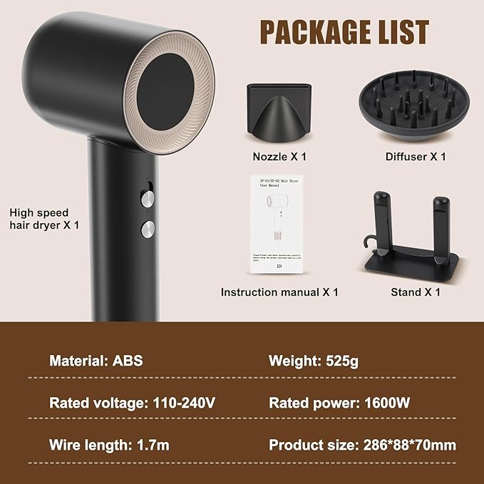 Hair Dryer, 1600W High Speed Ionic Blow Dryer with 300 Million Negative Ions, 140000 RPM Brushless Motor for Fast Drying, 59dB Low Noise & 65M/S Hair Dryers for Home Travel,Black