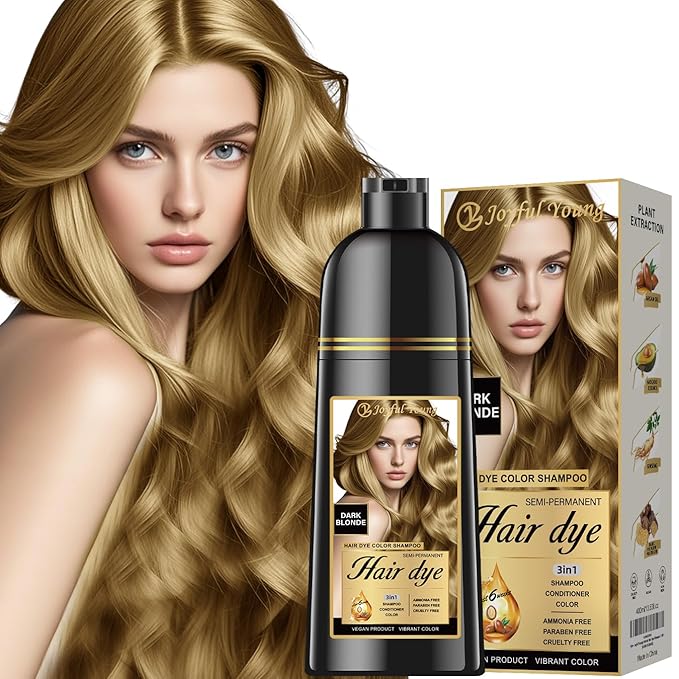 Natural Color Hair Dye Shampoo 3 IN 1, Instant Hair Coloring, Gray Coverage for Men & Women, Beard Dye Vegan Ammonia Free & Paraben-Free, Champú Para Canas Mujer & Hombre (DARK BLONDE)