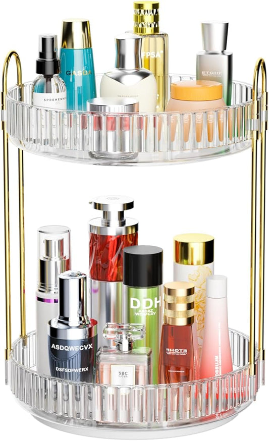 GTI 360°Rotating Makeup Organizer, 2 Tier Bathroom Counter Organizer,Large Capacity Perfume Cosmetics Skincare Vanity Organizers, Dresser Spinning Countertop Organizer and Storage for Women (Clear)