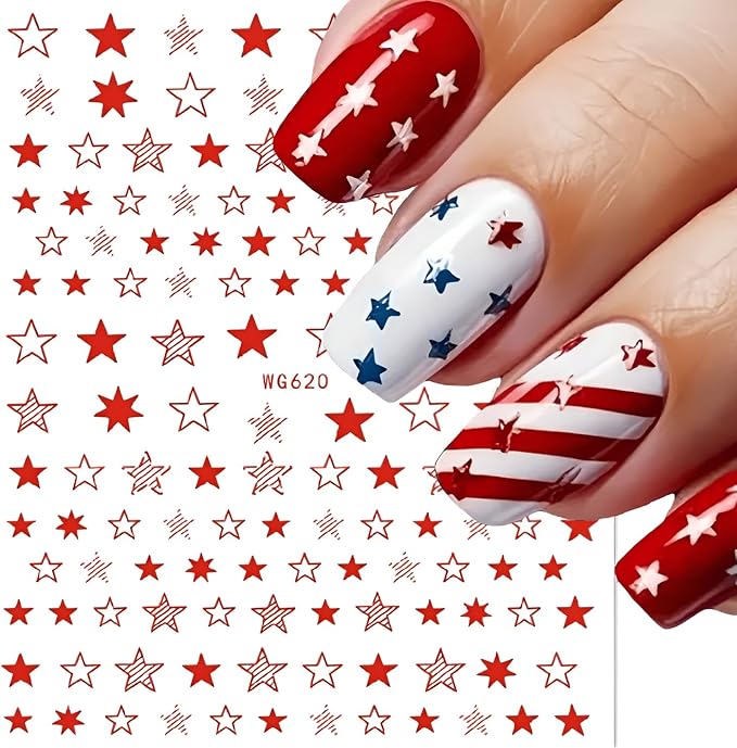 12 Sheets White Blue Red Star Nail Art Stickers 3D Self Adhesive 4th of July Nail Stickers for Nail Art Independence Day Nail Decals Star Nail Supplies Design for DIY Acrylic Nails for Women Girls