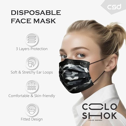 CSD Colo 30 Pcs Black Camo Disposable Face Masks, 3 Ply Adult Mask with Elastic Ear Loop, Nose Bridge Clip, Breathable Comfortable Mask Great for Indoor, Outdoors Use (Shadow Black Camo)