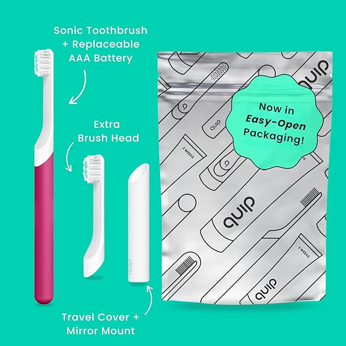 Quip Kids Electric Toothbrush, Battery-Powered Sonic, Wonder Pink, with Extra Brush Head and Travel Cover