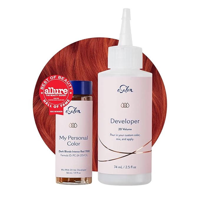 eSalon Permanent Hair Color & Hair Dye Complete Kit - Personal Colorist Kit for Up To 100% Gray Coverage for All Hair Types - Professional-Grade Ammonia-Free Hair Dye (Dark Blonde Intense Red 7RR)