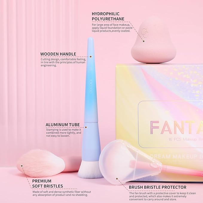Docolor Makeup Brushes 16+3 Pcs Makeup Brush Set with Makeup Bag Makeup Sponge & Brush Cleaning Pad Professional Face Powder Kabuki Foundation EyeShadow Concealers Brush Kit Gift Box Fantasy Series Ⅲ