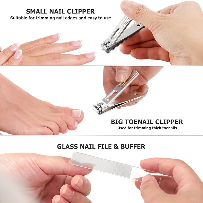 Manicure Set, Nail Cutters Set with Travel Leather Case, Professional Manicure Tools for Thick Nail & Ingrown Nail, Nail Cutters for Men and Women, Silver