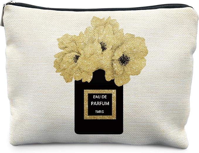 Trendy Black and Gold Makeup Bag for Women, Fashion Glitter Gold Floral Perfume Bottle Modern Aesthetic Cosmetic Bag for Purse, Girly Makeup Zipper Pouch