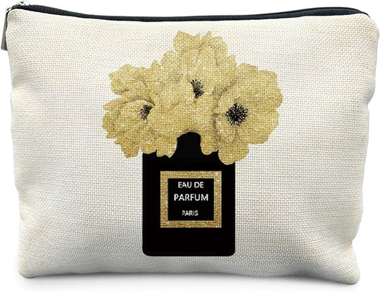 Trendy Black and Gold Makeup Bag for Women, Fashion Glitter Gold Floral Perfume Bottle Modern Aesthetic Cosmetic Bag for Purse, Girly Makeup Zipper Pouch