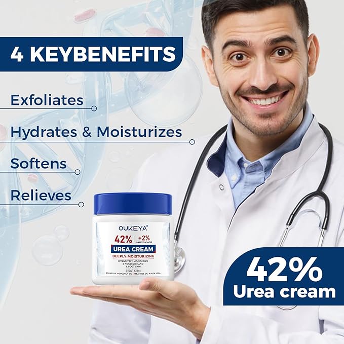 OUKEYA Urea Cream 42% plus Salicylic Acid 2% Net 350g for Dry Cracked Feet, Heels, Knees, Elbows, Hands Repair Treatment.Moisturizes and Removes Corns,Calluses,Dead Skin,and Softens Toenails