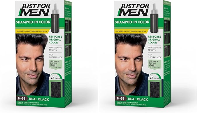 Just For Men Shampoo-In Color (Formerly Original Formula), Mens Hair Color with Keratin and Vitamin E for Stronger Hair - Real Black, H-55, Pack of 2
