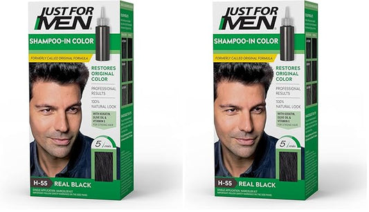 Just For Men Shampoo-In Color (Formerly Original Formula), Mens Hair Color with Keratin and Vitamin E for Stronger Hair - Real Black, H-55, Pack of 2