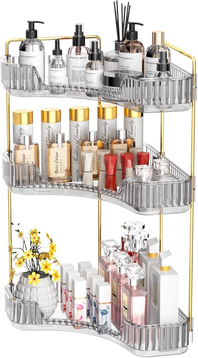 GTI 3-Tier Corner Bathroom Counter Organizer, Large Capacity Makeup Organizer Countertop, Perfume Cosmetics Skincare Vanity Organizers, Exquisite Countertop Storage for Women (Gray)