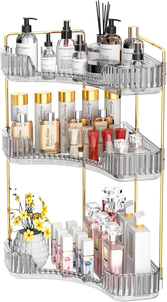 GTI 3-Tier Corner Bathroom Counter Organizer, Large Capacity Makeup Organizer Countertop, Perfume Cosmetics Skincare Vanity Organizers, Exquisite Countertop Storage for Women (Gray)