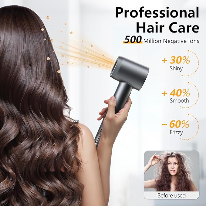 D YＳ０Ｎ Alternative Hair Dryer - 1 Min Fast Drying, High-Speed Blow Dryer with 500 Million Negative Ions, No Heat Damage, Low Noise, Professional Hairdryer with Magnetic Diffuser & Nozzle, Gunmetal