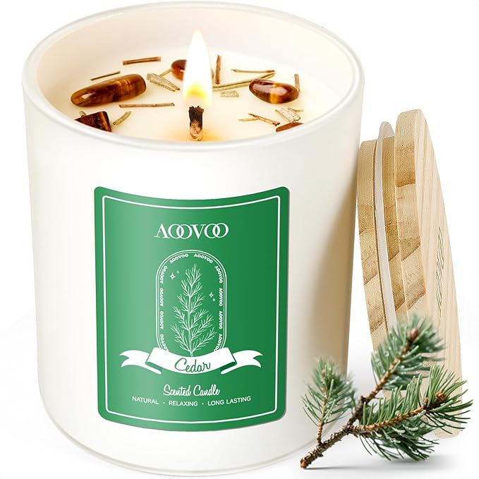 AOOVOO Cedar Scented Candles for Women - Aromatherapy Candle with Crystals Inside, 10oz Soy Candles for Home Scented, Birthday Gifts Christmas Candle for Women Mom