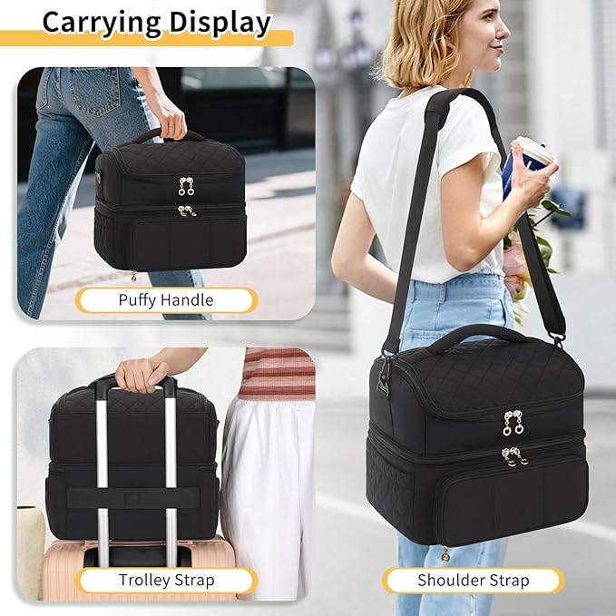 Nail Polish Organizer, Nail Organizers And Storage Bag Holds 48 Bottles & Full Size Nail Lamp, Double Layer Nail Tech Travel Case for Nail Supplies & Manicure Kit & Pedicure Tools (Black, 48 Slots)