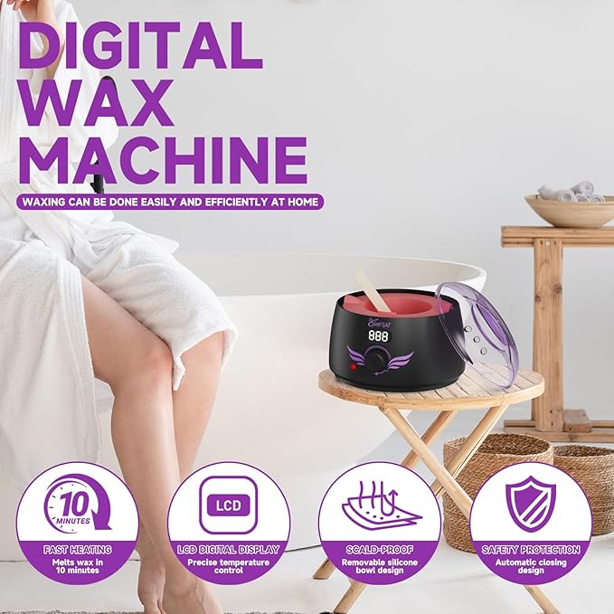 Waxing kit for women, Digital Hard Wax Warmer with 4 Packs of Natural Wax Beans (14.1oz), Silicone Bowl and Waxing Accessories, Professional for Bikini, Face, Brazilian, Body and Home Salon - Black