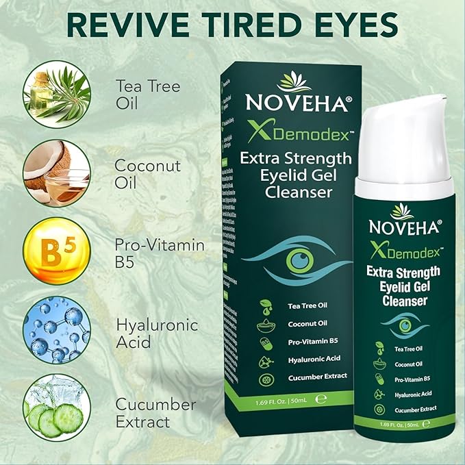 NOVEHA Demodex Extra Strength Eyelid Gel Cleanser - for Demodex, MGD and Dry Eye with Pro-Vitamin B5, Tea Tree Oil, and Hyaluronic Acid - Gentle Cleansing, Soothes Itchy Eyelid - 50mL (3 Pack)