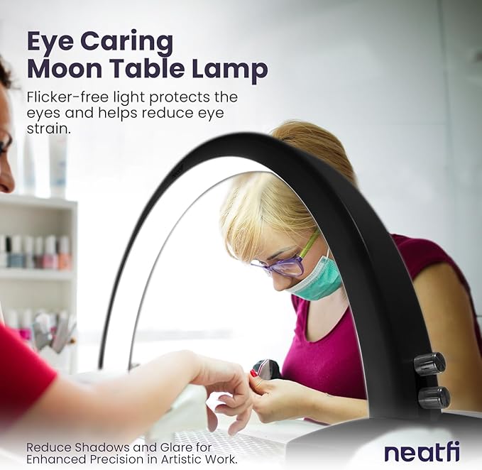 Neatfi LED Half Moon Table Lamp for Nail Tech, Estheticians, Cosmeticians, 1600 Lumens, 3 Light Modes, Desk Light for Manicure Art, Facial Treatments, Threading, Tattoo Applications (Modern, Black)