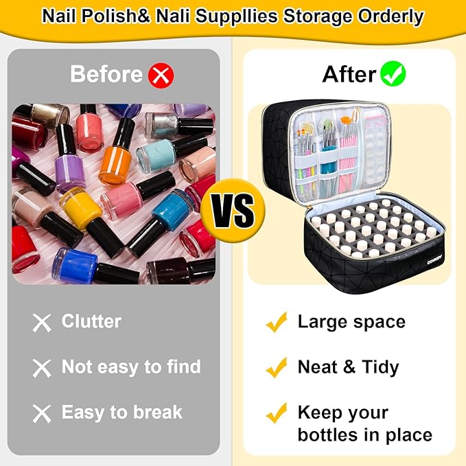 PU Leather Nail Polish Organizer Bag Holds Nail Lamp& 30 Bottles (15ml-0.5 fl.oz), Portable Travel Nail Kit Storage Carrying Case, Double Layer Nail Supplies Organizer Handbag (Elegant Black)
