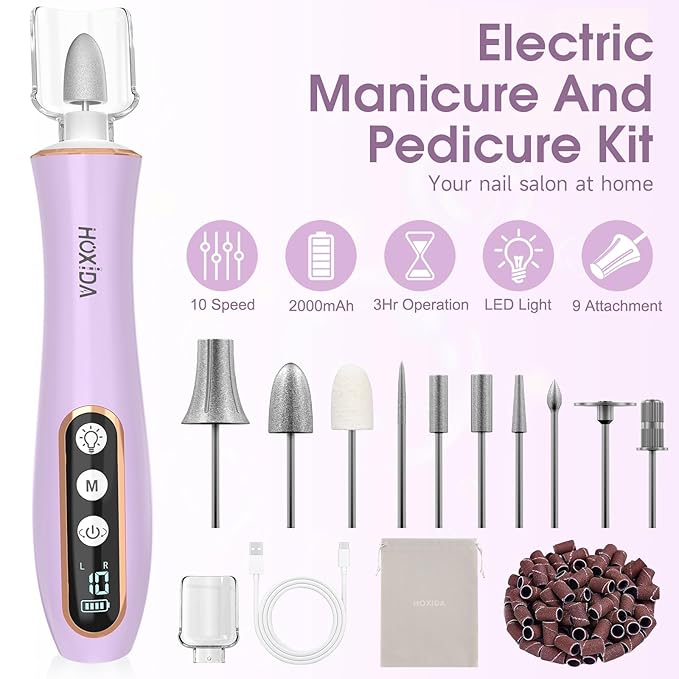 Professional Manicure Pedicure Kit with 360° LED Light&10 Speeds&Memory Mode with Case, Cordless Electric Nail Drill, Pedicure Tools for feet,Hand Foot Care Nail File for Thick Nail Toenail Cuticle