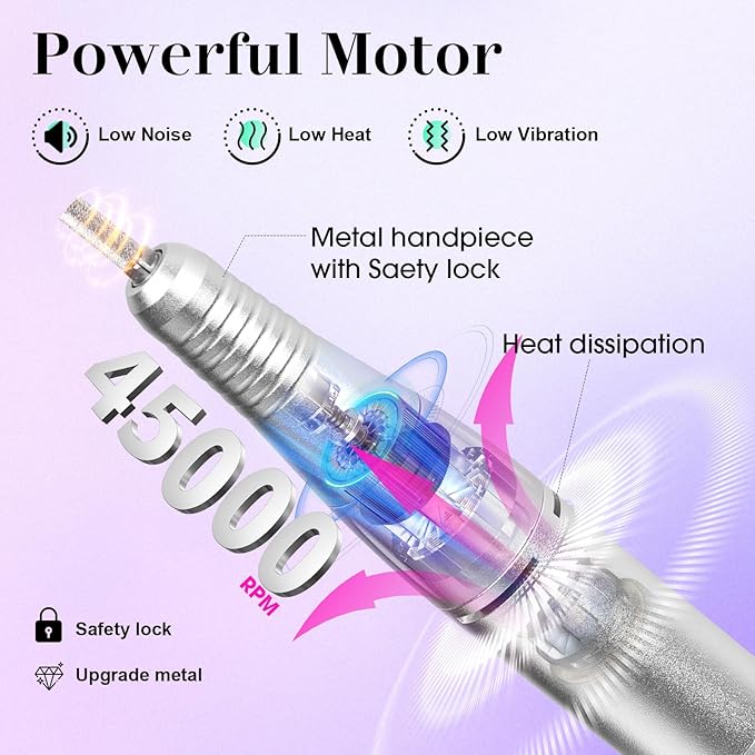 Nail Drill 45000RPM Electric Nail File Drill Nails Machine - Professional Nails Drill with Sanding Bands and Nail Drill Bits for Acrylic, Gel Nail Manicure & Pedicure, Palepurple