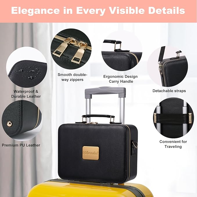 Mocado Travel Makeup Bag with LED Lighted Mirror,Makeup Case with 3 Color Lighted Setting and 10x Magnifying Mirror, Portable Storage and Adjustable Dividers (Black with Hard Leather)