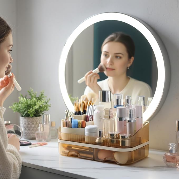 Large Plastic Makeup Organizer with Rotating Brush Holder for Vanity - Bathroom Countertop Skin Care Storage, Easy for Lipsticks, Nail Polishes, Perfumes & Eyeshadow Palettes