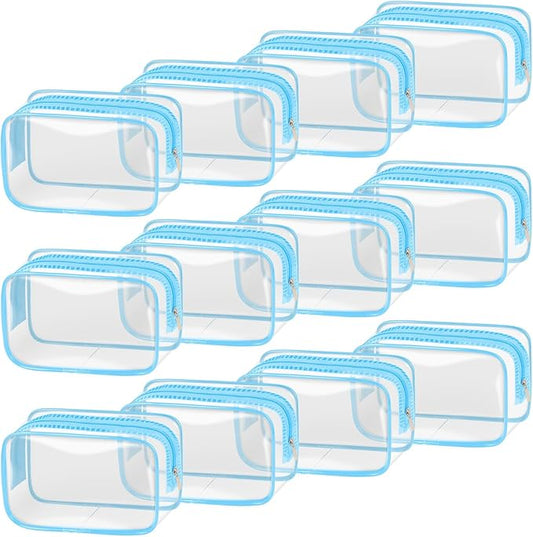 TISRATOK 12 PCS Clear Makeup Bag for Women with Zipper, TSA Approved Toiletry Pouch, Cosmetic Bag Bulk for Travel Organizer Essentials - Blue,Small