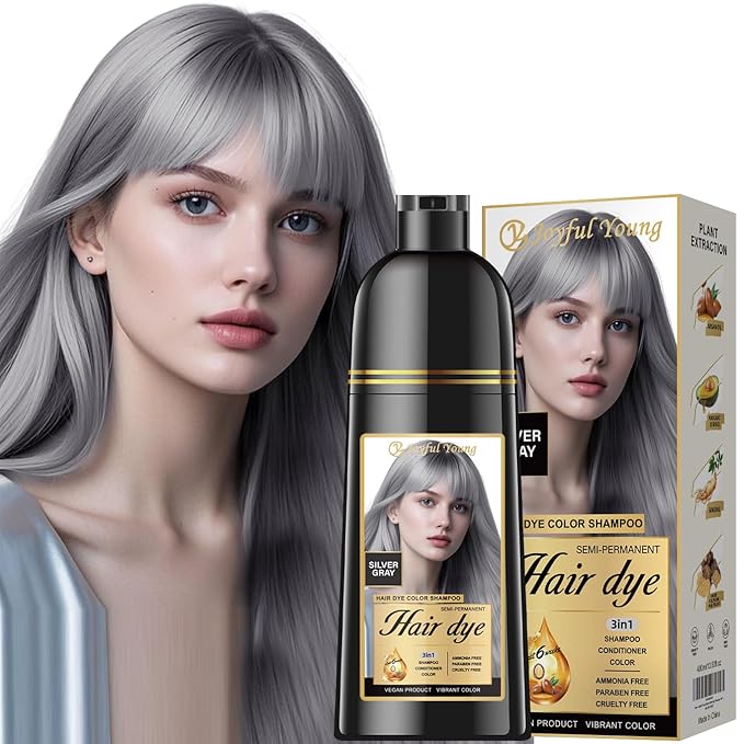 Natural Color Hair Dye Shampoo 3 IN 1, Instant Hair Coloring, Gray Coverage for Men & Women, Beard Dye Vegan Ammonia Free & Paraben-Free, Champú Para Canas Mujer & Hombre (SILVER GRAY)