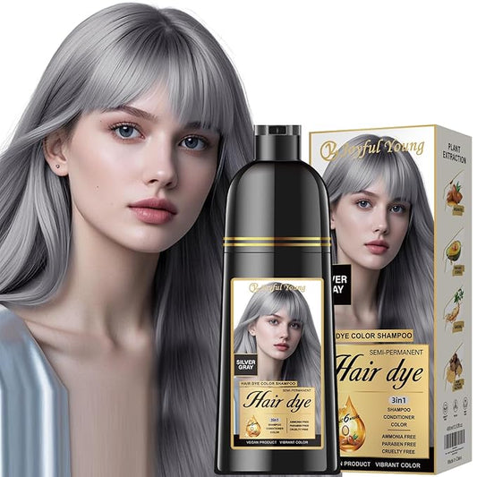 Natural Color Hair Dye Shampoo 3 IN 1, Instant Hair Coloring, Gray Coverage for Men & Women, Beard Dye Vegan Ammonia Free & Paraben-Free, Champú Para Canas Mujer & Hombre (SILVER GRAY)