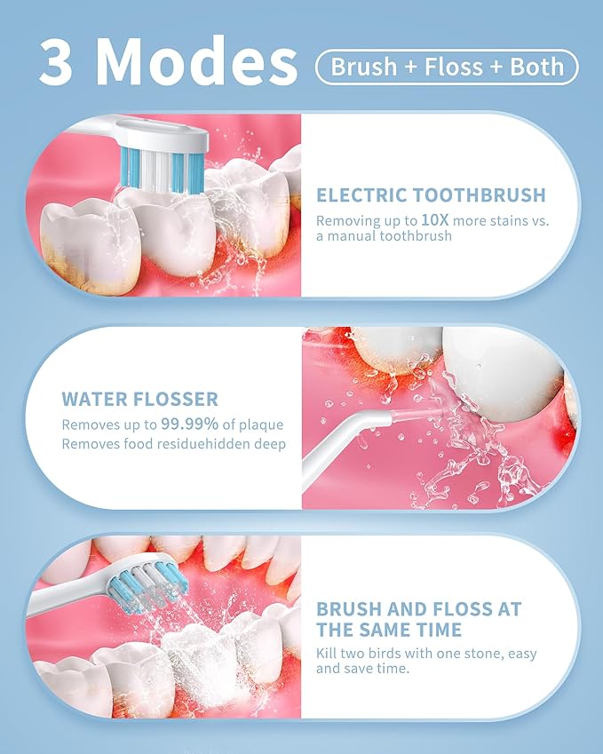 Electric Toothbrush with Water Flosser – 2-in-1 Teeth Cleaning Kit, Electric Toothbrush and flosser Combo,Toothbrush with 3 Cleaning Modes,Portable Water flosser Design for Home & Travel (White)