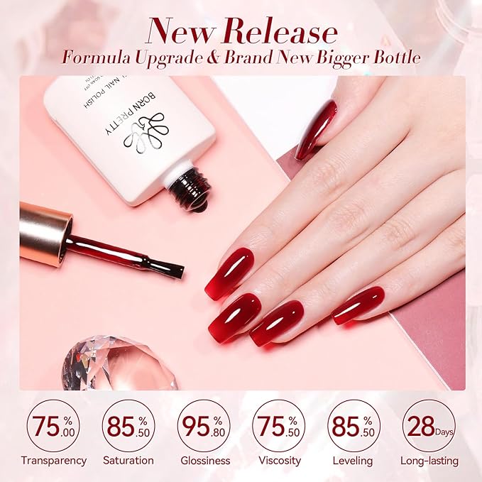 Born Pretty Jelly Burgundy Gel Nail Polish Blood Wine Red Gel Polish Translucent Halloween Christmas Nail Gel Soak Off Hema-Free Gel Polish U V Light Cure for Nail Art DIY 15ML
