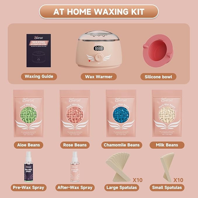 waxing kit for women, Digital Hard Wax Warmer with 4 Packs of Natural Wax Beans (14.1oz), Silicone Bowl and Waxing Accessories, Professional for Bikini, Face, Brazilian, Body and Home Salon - Pink