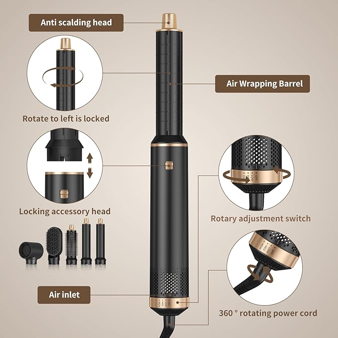 5 in 1 Hair Dryer Brush Set, Air Curler Wrap Hair Styler Blow Dryer Brush with 3 Temps, Upgrade Negative Ion Hot Air Brush Curling Brush Iron, Hair Styling Tools for Dry Curl Straighten