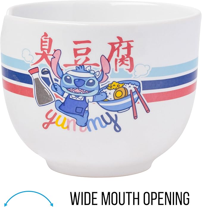 Silver Buffalo Lilo and Stitch Yummy Ceramic Ramen Noodle Rice Bowl with Chopsticks, Microwave Safe, 20 Ounces