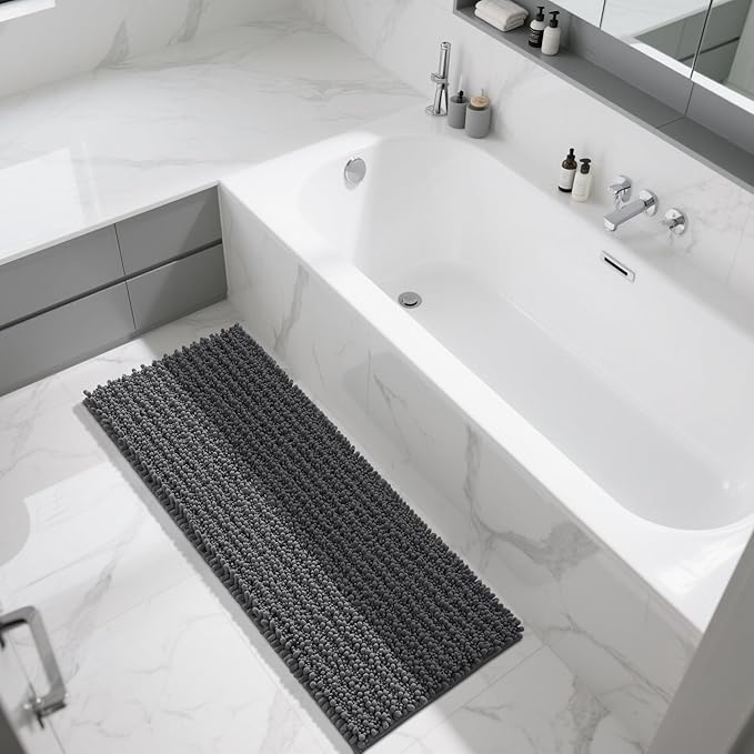 Yimobra Bathroom Runner Rug 55x24 Inch - Extra Long Non Slip Chenille Bath Mat, Soft & Absorbent, Machine Washable Shaggy Hallway Carpet for Vanity Tub Shower, Dark Gray Home Decor Accessories