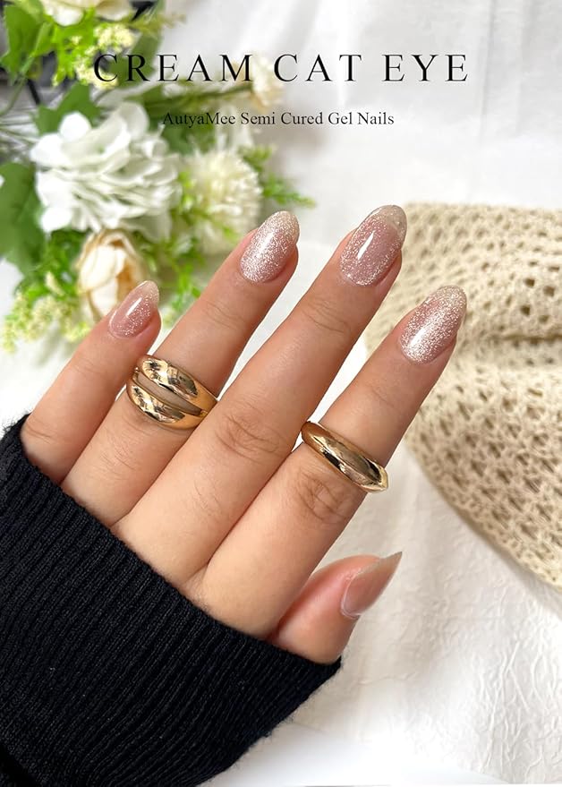 Semi Cured Gel Nail Strips (Cream Cat Eye), Clear, 20 Pcs Gel Nail Wraps, Stickers, Salon Quality, Works With Any UV Lamps