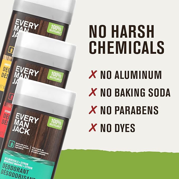 Every Man Jack Men's Deodorant Variety Set - Three Full-Sized Deodorant Sticks with Clean Ingredients & Incredible Scents - Cedar + Red Sage, Amber + Sandalwood, Sea Mineral + Citron - 3 oz - 3 Pack