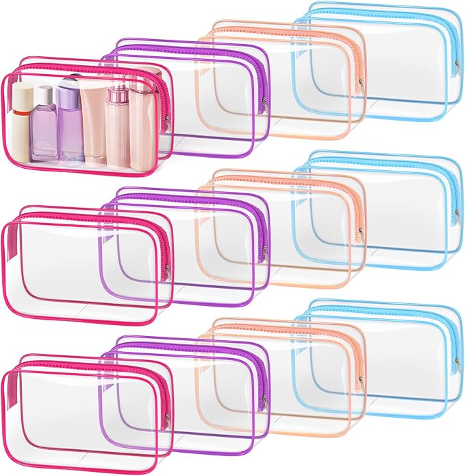 TISRATOK 12 PCS Clear Makeup Bag for Women with Zipper, TSA Approved Toiletry Pouch, Cosmetic Bag Bulk for Travel Organizer Essentials - Multicolor, Medium