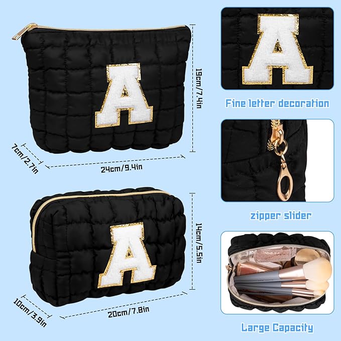 2PCS Initial Checkered Makeup Bag, Large Quilted Cosmetic Bag, Cute Make up Pouch for Purse, Travel Toiletry Storage Bag for Women Preppy Teen Girls Gift Trendy Stuff Gift (Black A)