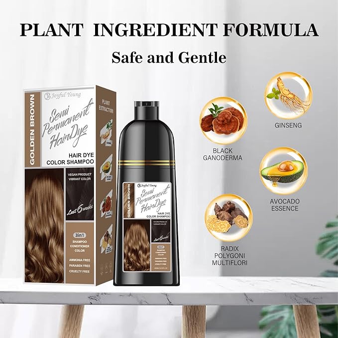 Natural Color Hair Dye Shampoo 3 IN 1, Instant Hair Coloring, Gray Coverage for Men & Women, Beard Dye Vegan Ammonia Free & Paraben-Free, Champú Para Canas Mujer & Hombre (GOLDEN BROWN)