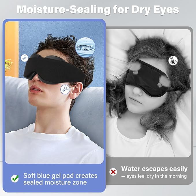 Sleep Mask for Dry Eyes – 100% Blackout Eye Mask & Moisture Goggles – Adjustable Sleeping Mask for Men & Women – Reusable Eye Masks for Sleep, Soft & Comfortable – Great for Travel, Black
