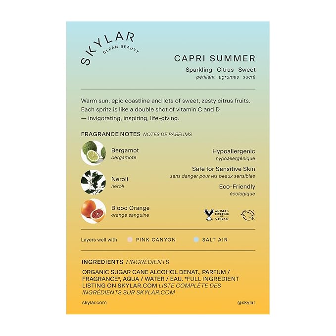 Skylar Capri Summer Eau de Parfum - Hypoallergenic & Clean Perfume for Women & Men, Vegan & Safe for Sensitive Skin - Fruity Citrus Perfume, Bergamot, Neroli & Blood Orange - 50mL /1.7 Fl oz