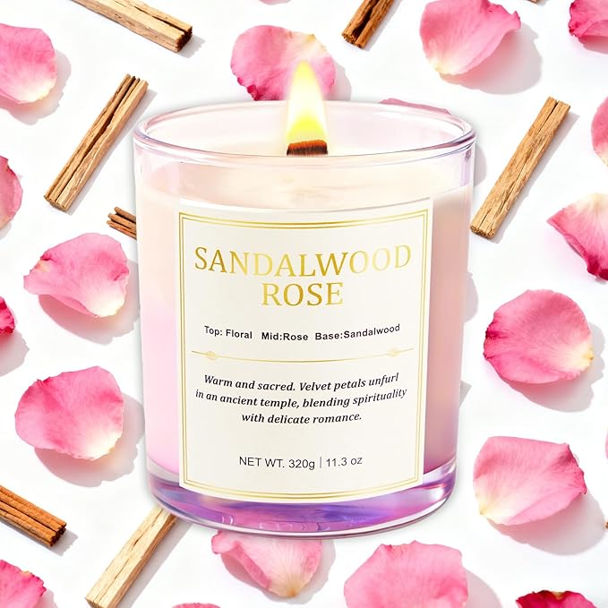 2 Pack Candles for Home Scented,Wood Wick Sandalwood Rose Scented Candle,22.6 oz 150 Hour Long Burning Lasting, Natural Soy Wax Candles Gifts Set,for Christmas Day