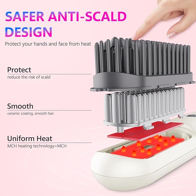 LCD Screen Cordless Hair Straightener Curler 2 in 1, Portable Mini Hair Straightening Brush for Travel Negative Ionic Fast Heating Hot Comb for Women, Folding Brush with Mirror, White