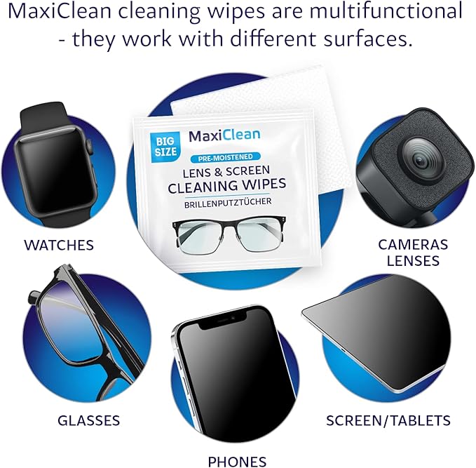 Glasses Wipes Lens Cleaner - Lens Wipes for Eyeglasses - 600 Pre-moistened Individually Wrapped Wipes for Eye Glasses, Electronics, Phone, Computer, Laptop Screen - Camera Lens Cleaner - Made in EU