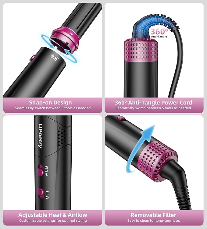 5 in 1 Hot Air Styler & Hair Dryer Brush, High-Speed Blow Dryer Fast Drying Curling Without Heat Damage, Volumizing Straightening, Auto-Wrap Curlers Includes Travel Storage Bag