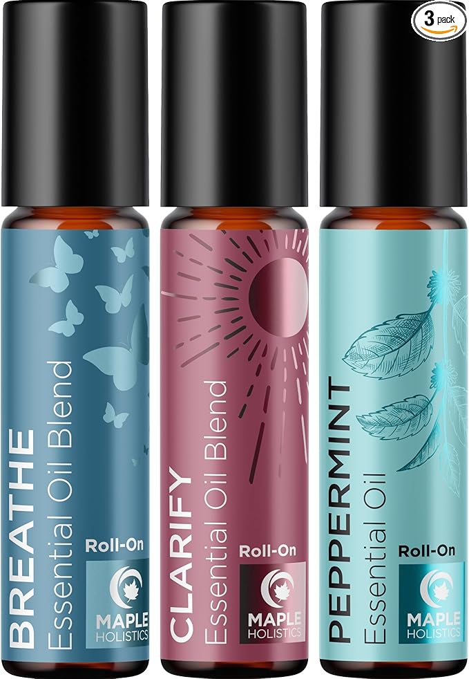 Headache Roll on Essential Oils - Aromatherapy Essential Oils Sets Variety Pack with Peppermint Clarify and Breathe Essential Oil Roll Ons - Fun & Cute Wellness Gift for Young Women Teens & Girls