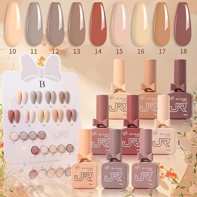JR 9pcs 15ml Autumn Gel Nail Polish Set Brown Nude Fall Gel Polish Kit UV LED Soak Off Polish Home DIY Brown Gel Polish Set 15ml