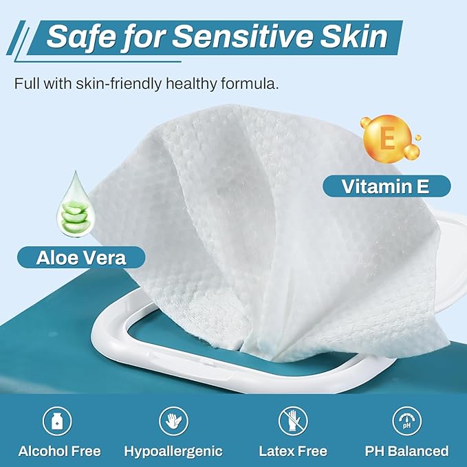 720 Count (12 Packs of 60) Wipes for Adults, 8" x 12" Extra Large for Incontinence & Cleansing, Disposable Body Shower & Bath Wipes for Elderly Bathing No-Rinse - Vitamin E & Aloe